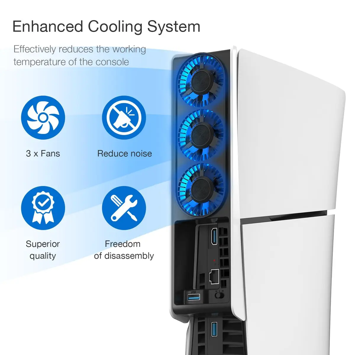 JUSPRO Cooling Fan for PS5 Slim Console Digital & Discs Edition | Upgraded Quiet Cooler with Blue LED Light - view 3