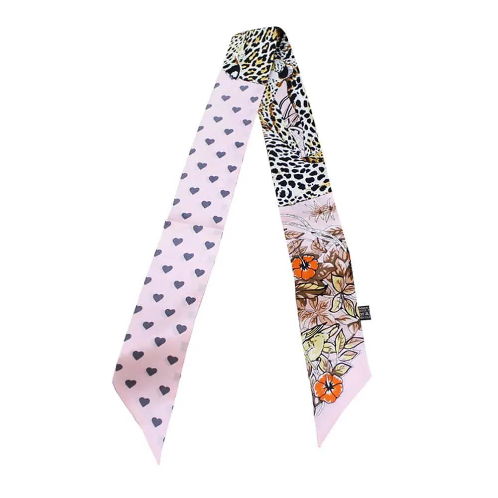 JERLA 100% Mulberry Silk Scarf 88cm x 5cm | Heart Leopard Print Pink - main product image
