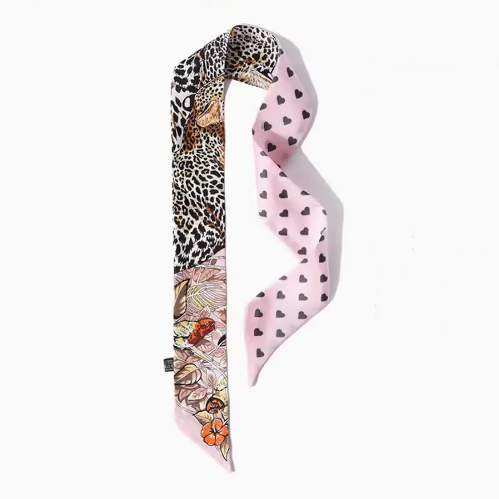 JERLA 100% Mulberry Silk Scarf 88cm x 5cm | Heart Leopard Print Pink - view 2