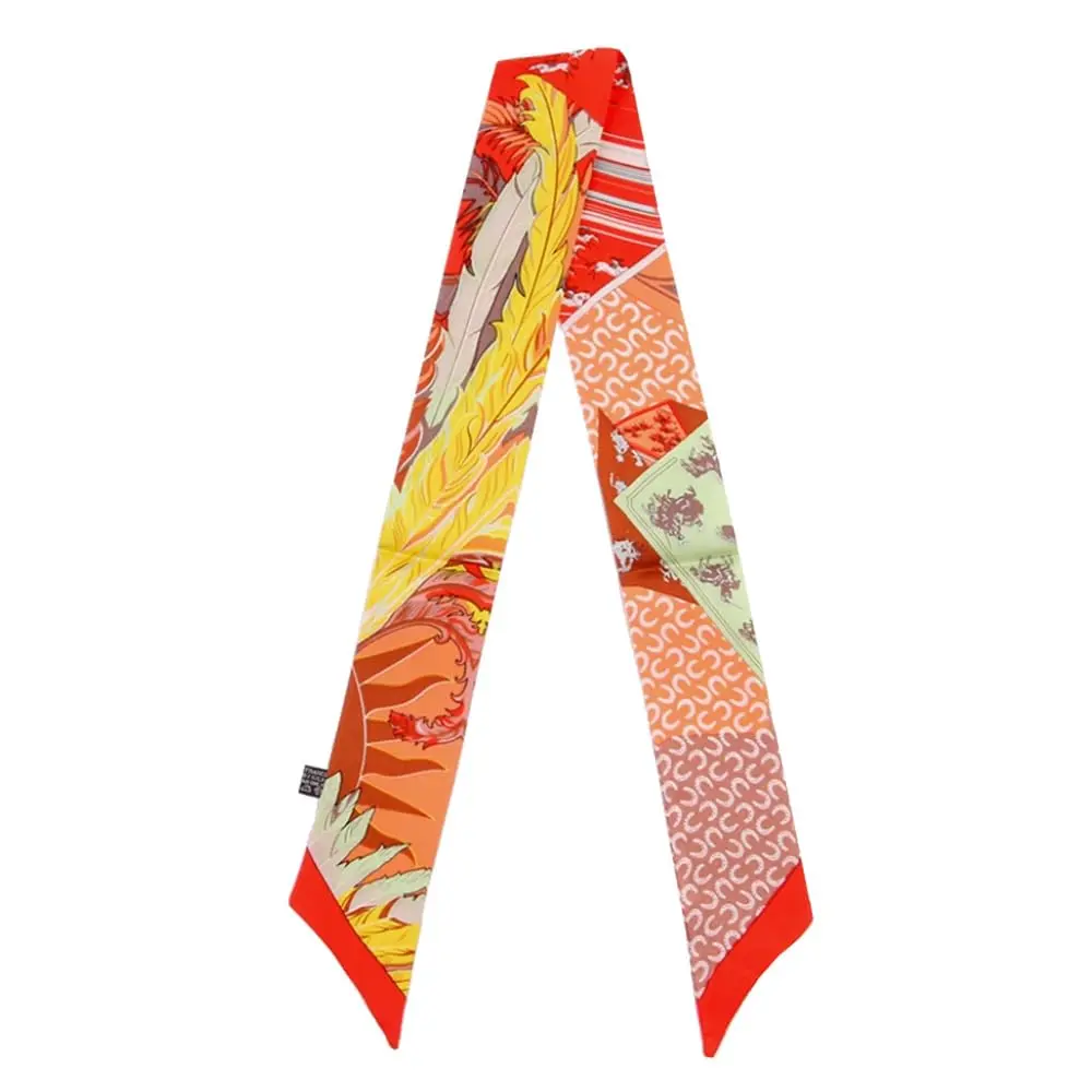 JERLA 100% Mulberry Silk Scarf 88cm x 5cm | Feather and Poker Orange Fashion Tie - main product image