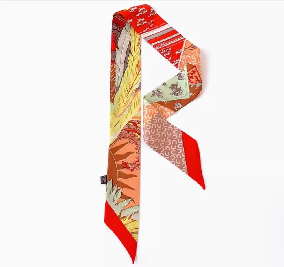 JERLA 100% Mulberry Silk Scarf 88cm x 5cm | Feather and Poker Orange Fashion Tie - view 2