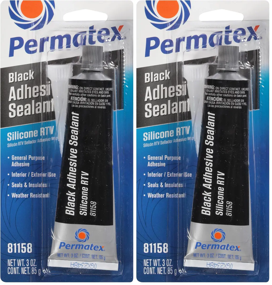 Permatex Black Silicone Adhesive Sealant 3 oz. Tube (177ml / 6 oz. Pack of 2) | Bonds, Seals, and Repairs Glass, Metal, Plastic, and More - main product image
