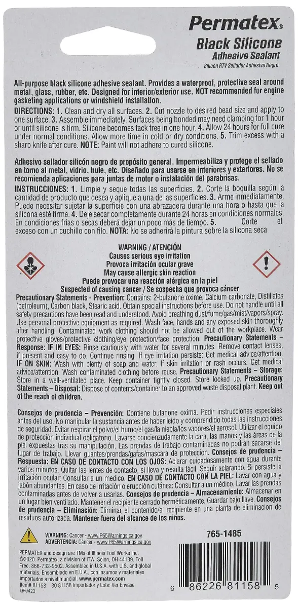Permatex Black Silicone Adhesive Sealant 3 oz. Tube (177ml / 6 oz. Pack of 2) | Bonds, Seals, and Repairs Glass, Metal, Plastic, and More - view 3