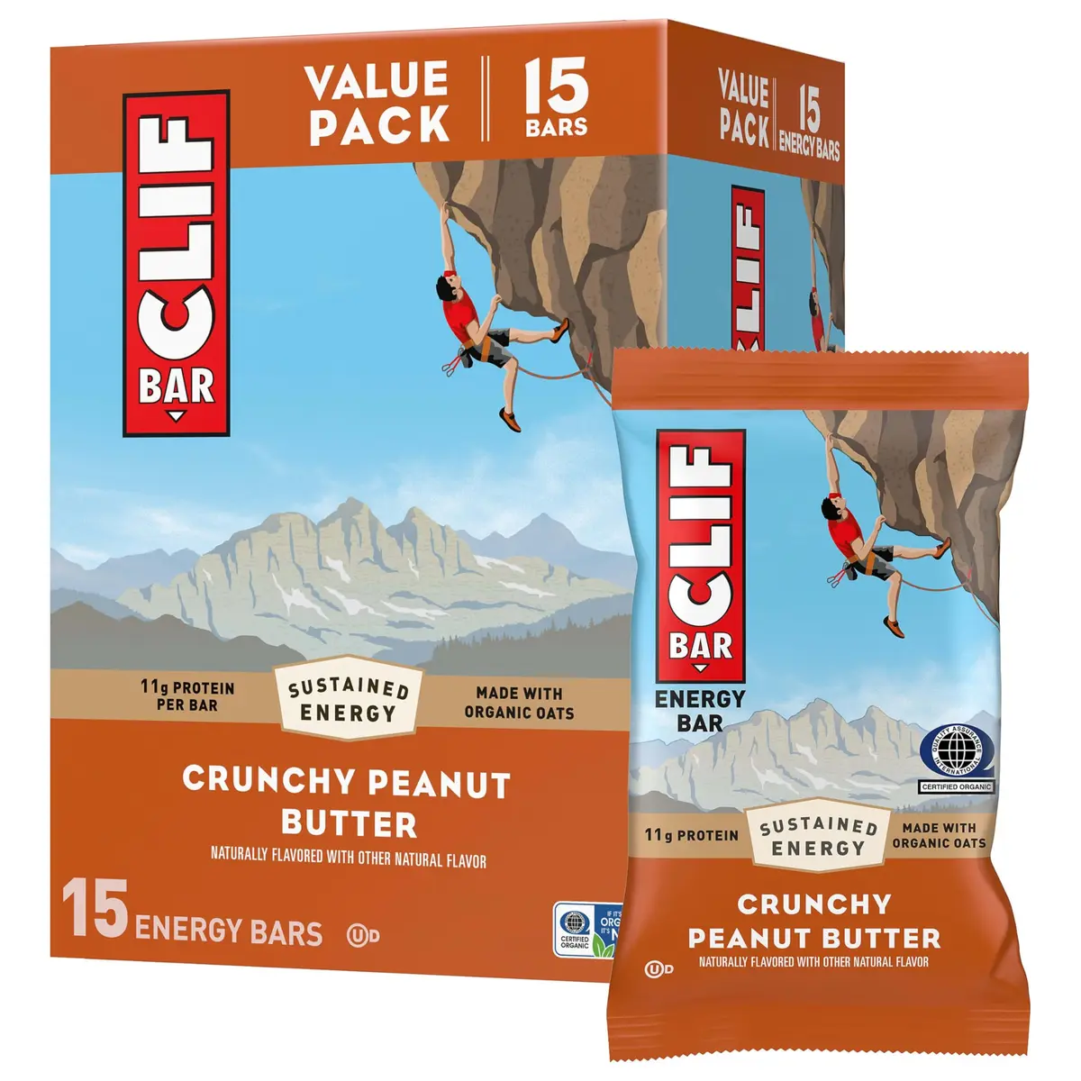 CLIF BAR Protein Energy Bars Crunchy Peanut Butter 15ct (68g per bar) | 11g Protein, Plant-Based, Non-GMO - main product image