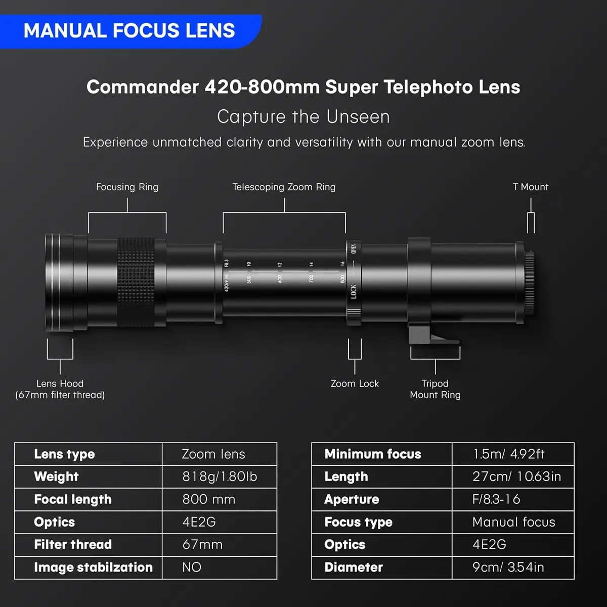 COMMANDER OPTICS 420-800mm f/8.3 Manual Telephoto Zoom Lens for Nikon D500,D600,D610,D700,D750,D800,D810,D850,D3400,D5000,D5100,D7100 | Camera Lens - view 2