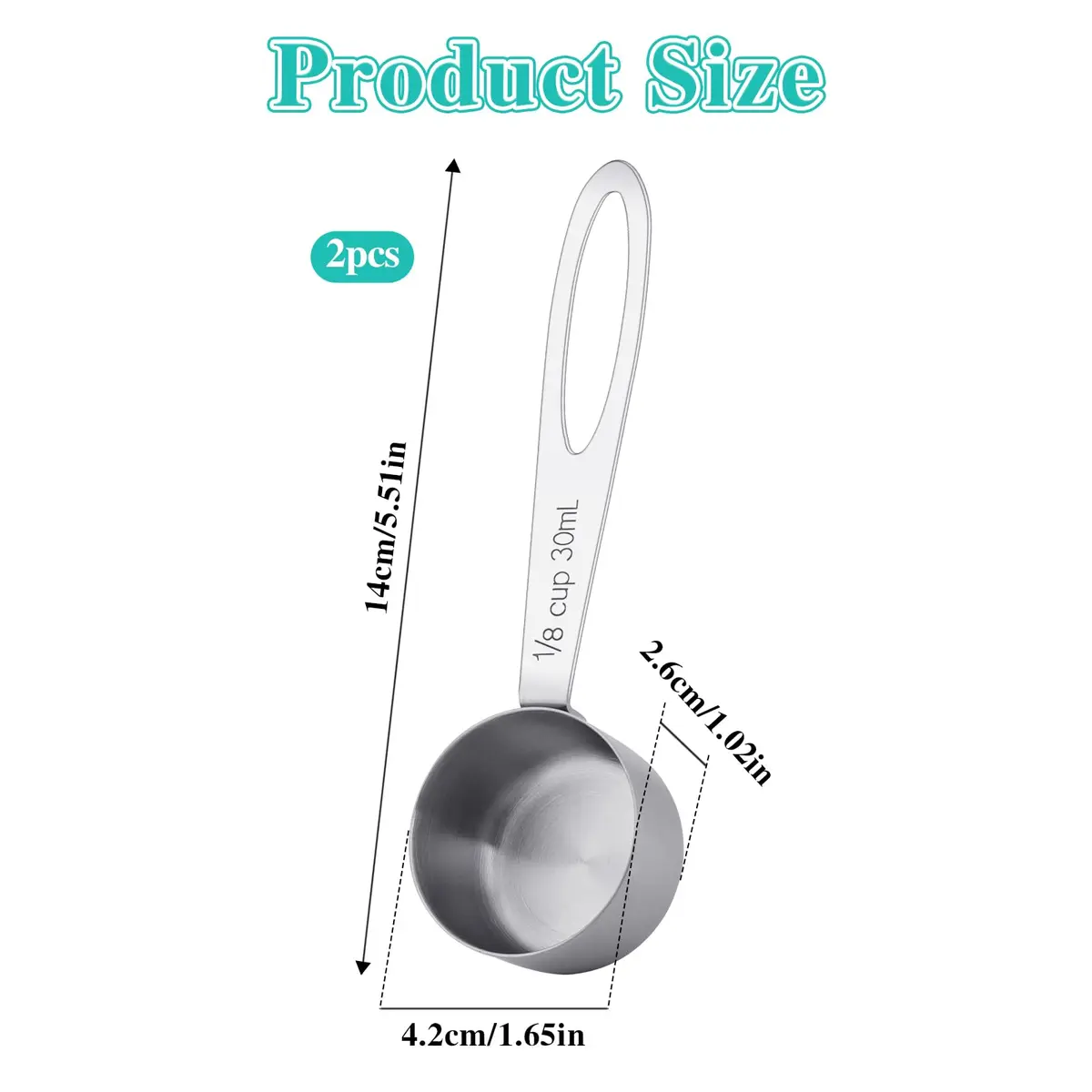 KALIONE 30ml Stainless Steel Measuring Spoon Set | 2 Pcs Long Handle Coffee Scoop | 1/8 Cup Measure - view 2