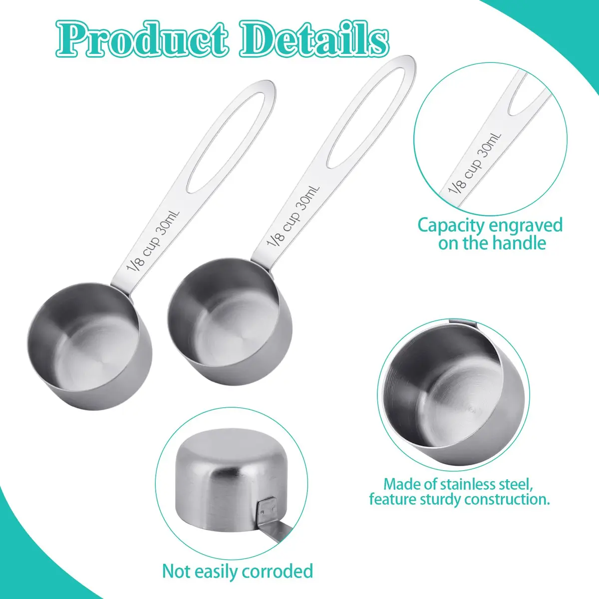 KALIONE 30ml Stainless Steel Measuring Spoon Set | 2 Pcs Long Handle Coffee Scoop | 1/8 Cup Measure - view 3