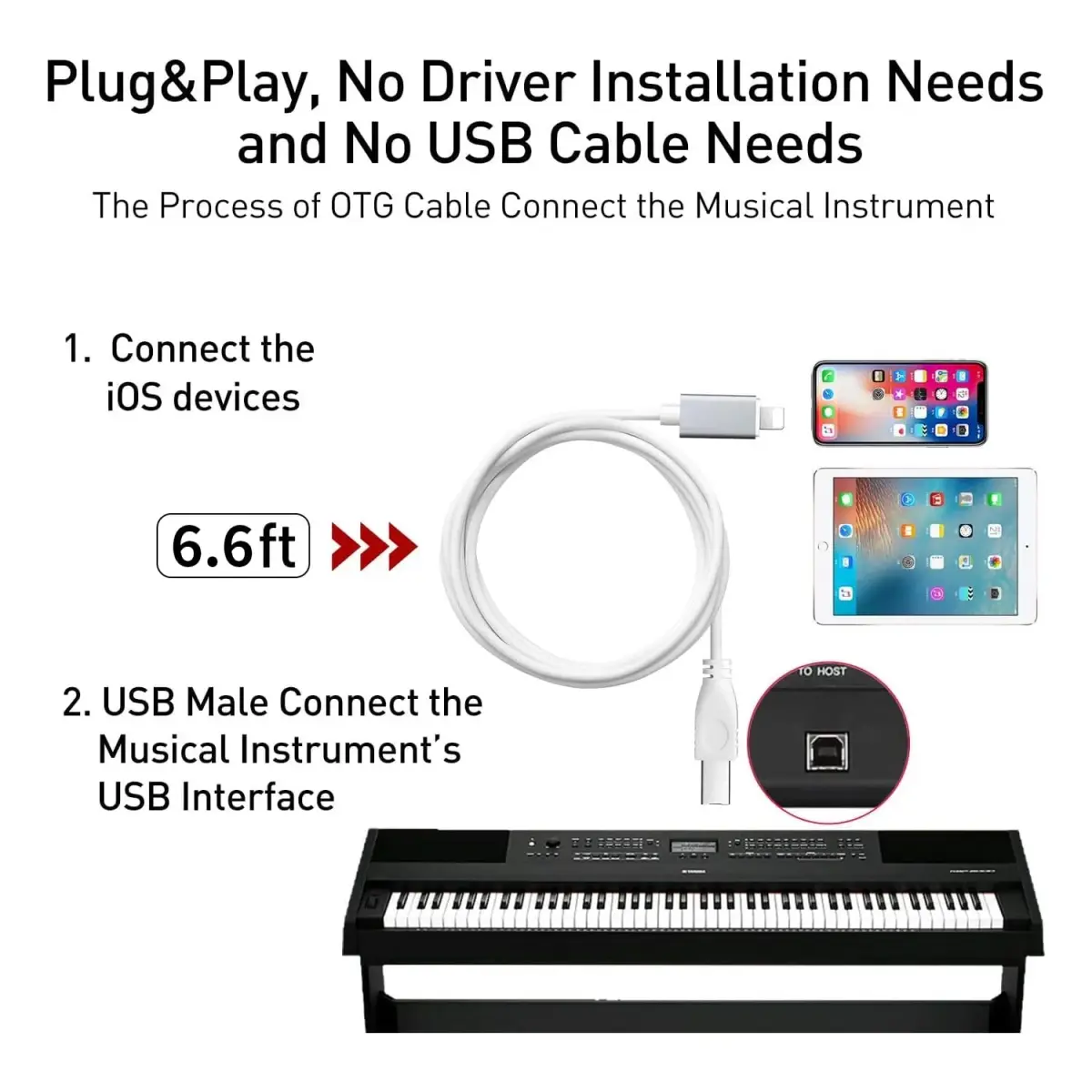 MeloAudio Lightning to MIDI Cable 2m (6.6ft) | Stable & Durable USB 2.0 OTG for iOS Music Instruments - view 4