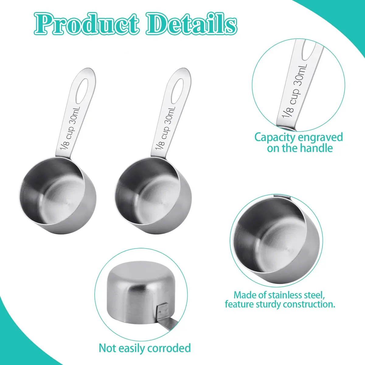 KALIONE 30ml (1/8 Cup) Stainless Steel Measuring Spoon Set | Accurate Coffee & Spice Scoops (2-Pack) - view 2