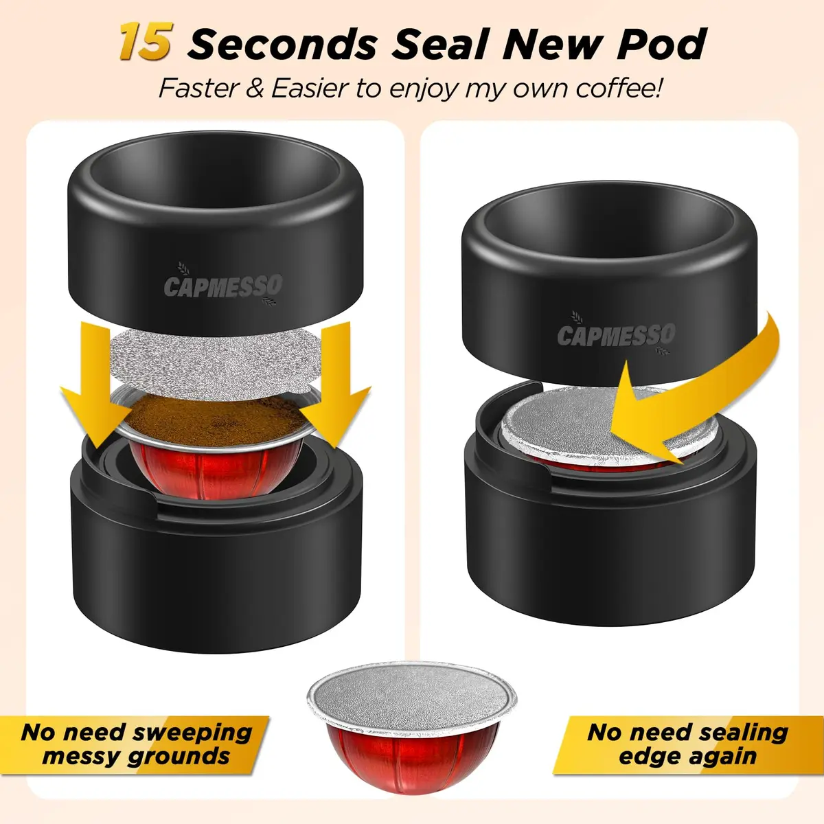 CAPMESSO Reusable Refill Kit for Nespresso Vertuo Pods with Fast Sealing & 50 Aluminum Lids (52 Total Pieces) - view 2