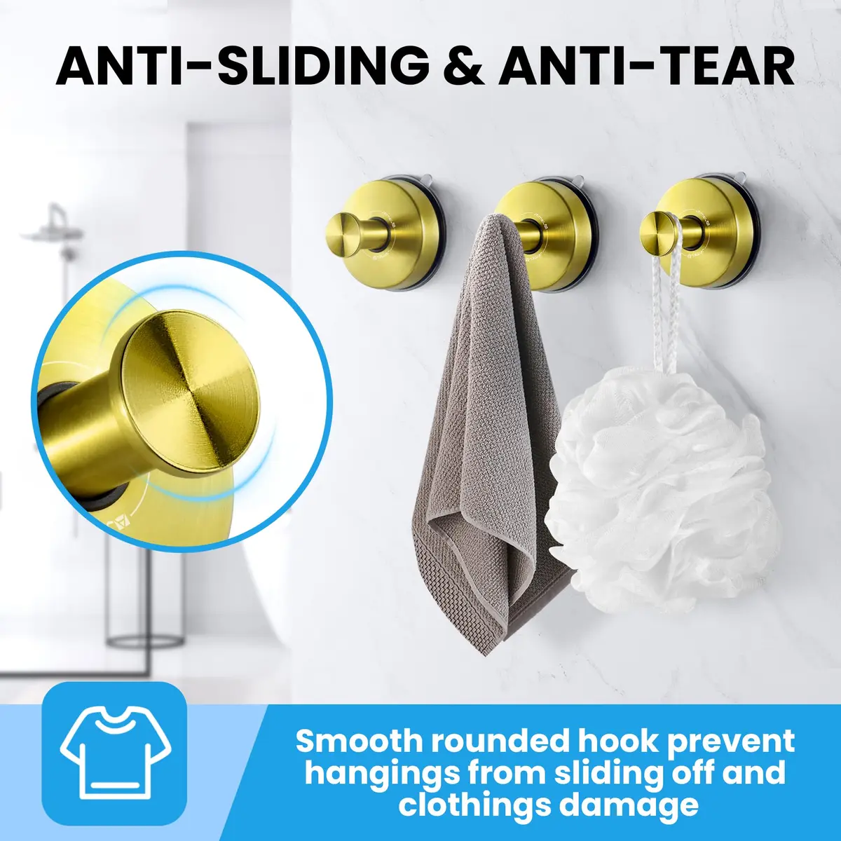 JOMOLA Gold Suction Cup Shower Hooks 2-Pack | Heavy Duty Stainless Steel Wall Mount for Wet Environments - view 5