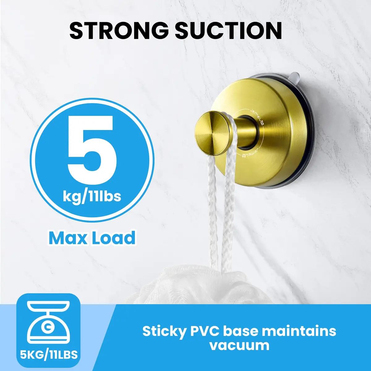 JOMOLA Gold Suction Cup Shower Hooks 2-Pack | Heavy Duty Stainless Steel Wall Mount for Wet Environments - view 6