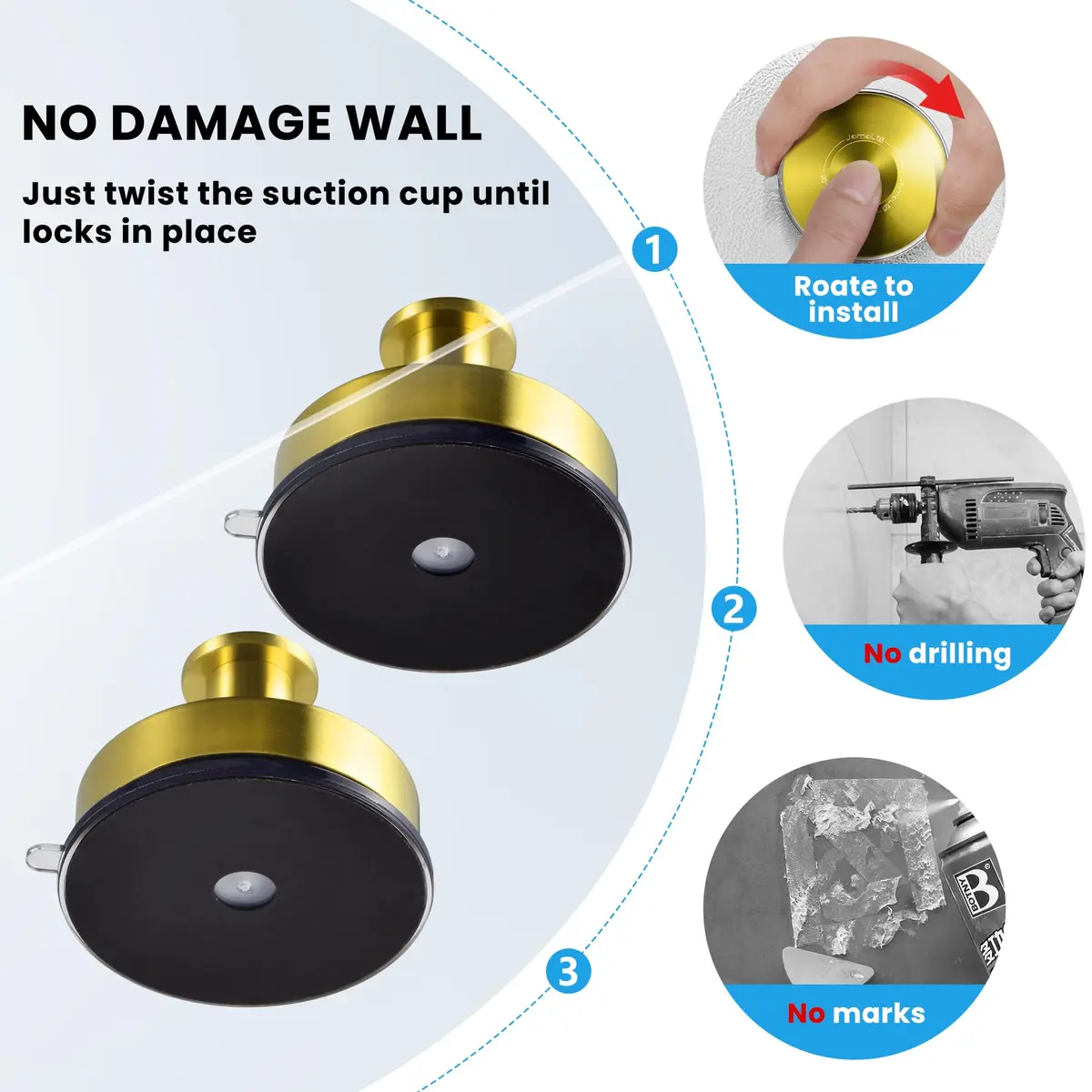 JOMOLA Gold Suction Cup Shower Hooks 2-Pack | Heavy Duty Stainless Steel Wall Mount for Wet Environments - view 4