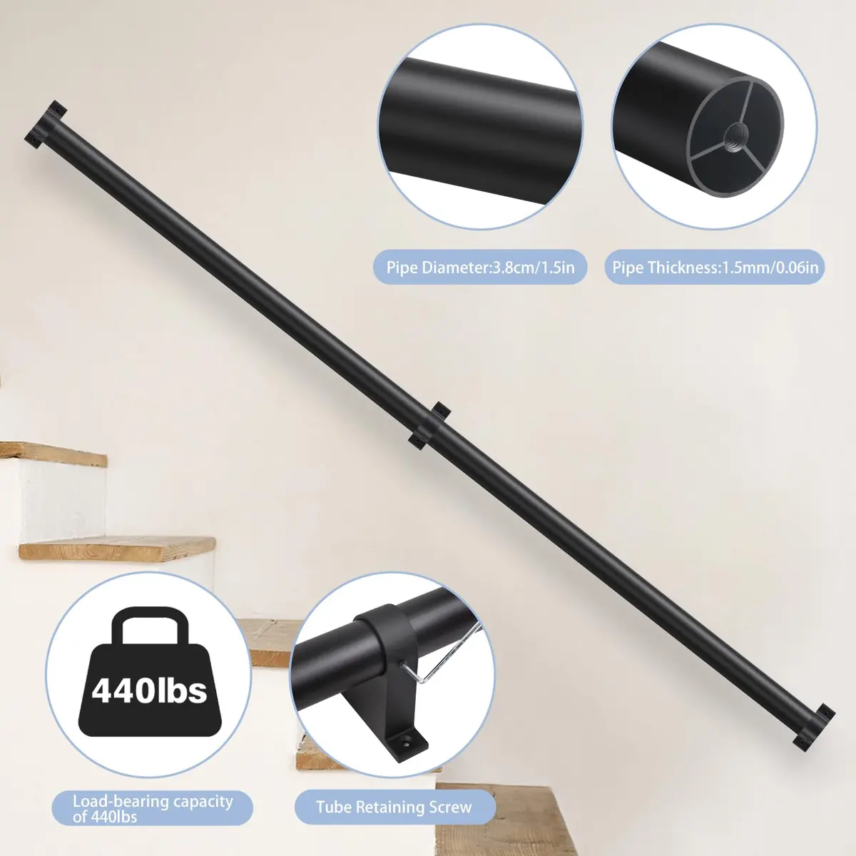 SDNBHT Industrial Stair Railing Metal Hand Rails 203 cm (6.6 ft) Pipe Diameter 3.8 cm (1.5") | Supports 200 kg for Safe Steps - view 2