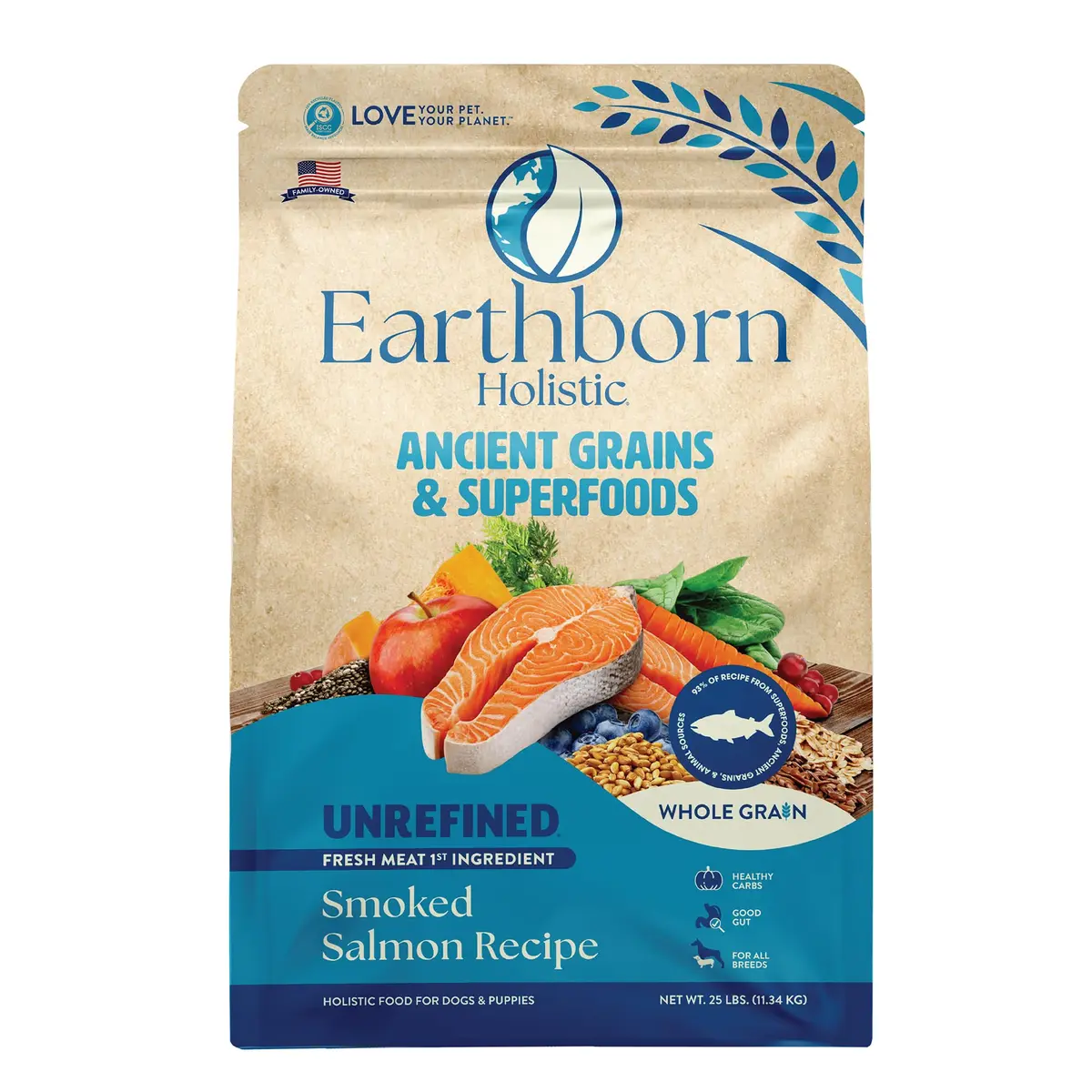 Earthborn Holistic Unrefined with Grains Smoked Salmon Dry Dog Food 25 lb | Ancient Grains & Superfoods for All Breeds - main product image