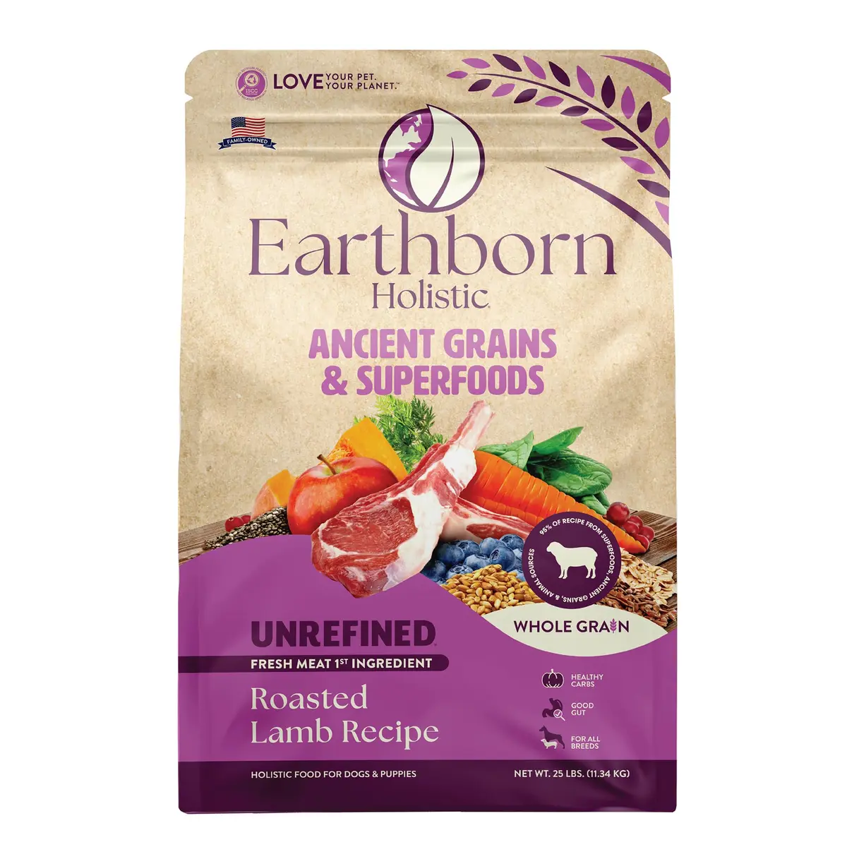 Earthborn Holistic Unrefined with Grains Roasted Lamb Dry Dog Food 11.34kg (25 lb) | Supports Sensitive Stomachs - main product image