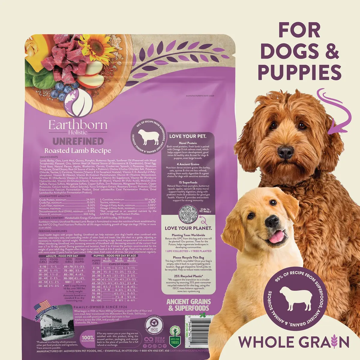 Earthborn Holistic Unrefined with Grains Roasted Lamb Dry Dog Food 11.34kg (25 lb) | Supports Sensitive Stomachs - view 6