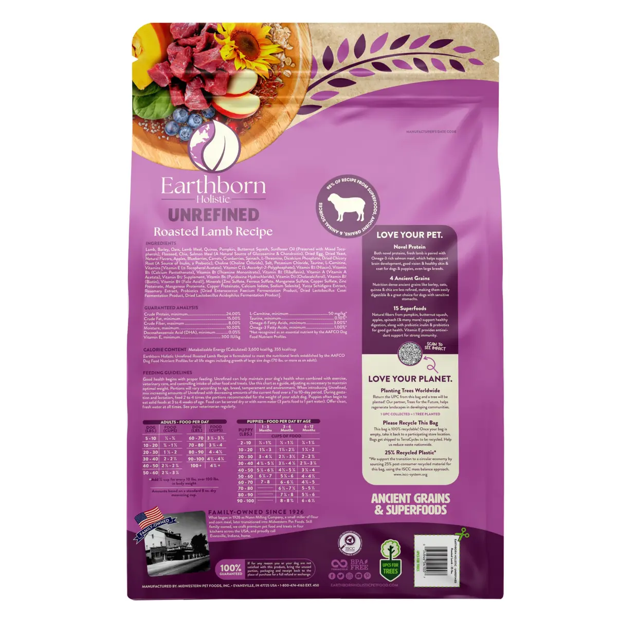 Earthborn Holistic Unrefined with Grains Roasted Lamb Dry Dog Food 11.34kg (25 lb) | Supports Sensitive Stomachs - view 4