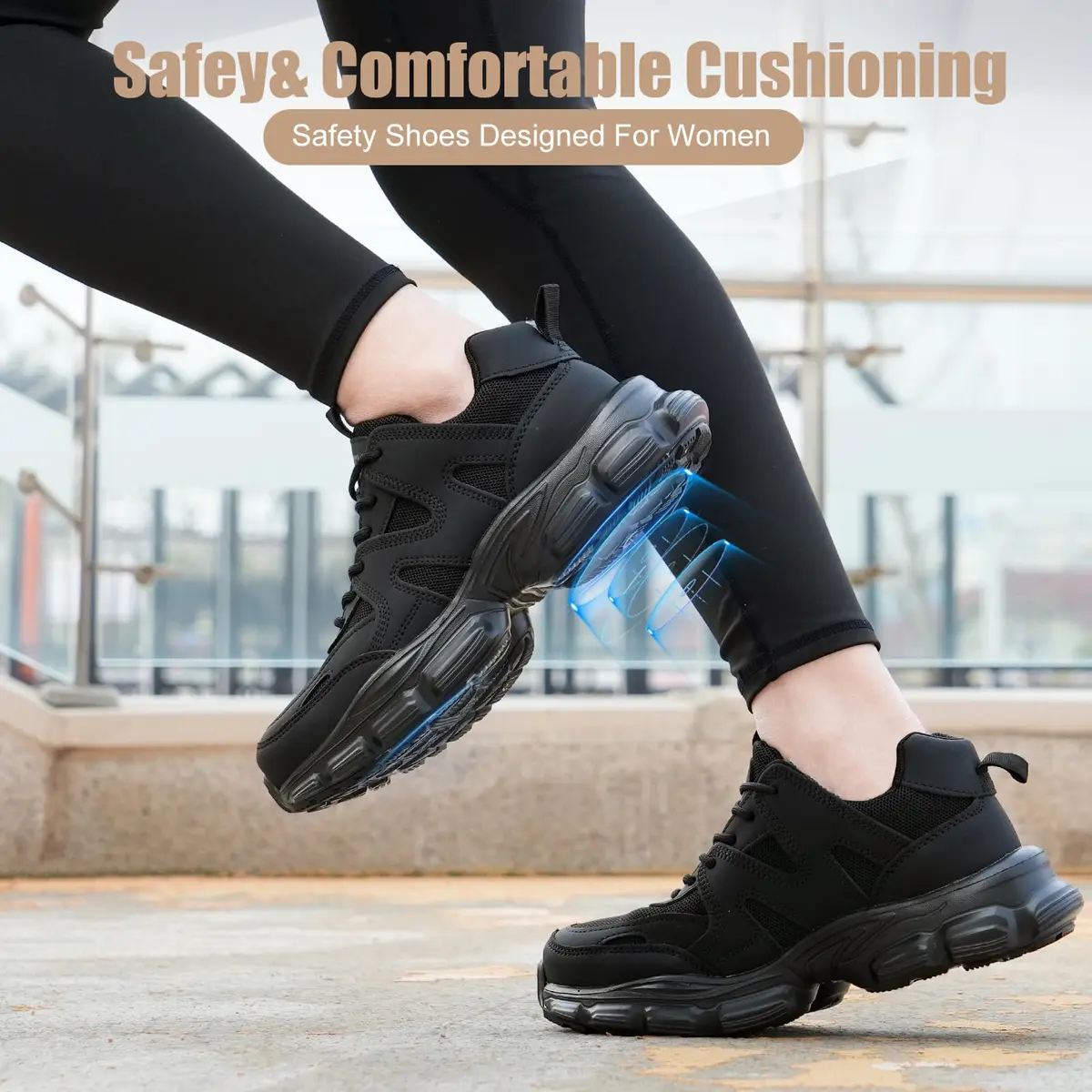 Hogent Steel Toe Shoes for Men & Women, Black Work Safety Sneakers 230g (8.1 oz) | Puncture-Proof Kevlar Midsole - view 2