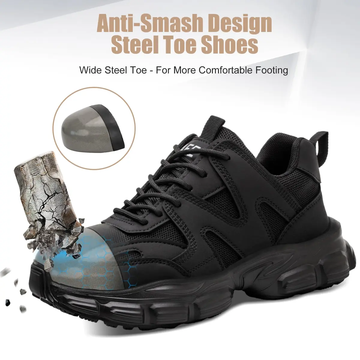 Hogent Steel Toe Shoes for Men & Women, Black Work Safety Sneakers 230g (8.1 oz) | Puncture-Proof Kevlar Midsole - view 3