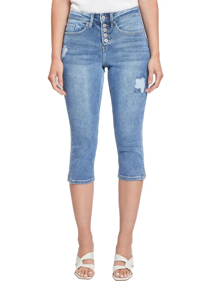 Royalty For Me Women's Vintage High Rise Capri Jeans, Medium Blue Rips, 14 | Classic 5-Button, Side Slit Hem, 21" Inseam - main product image
