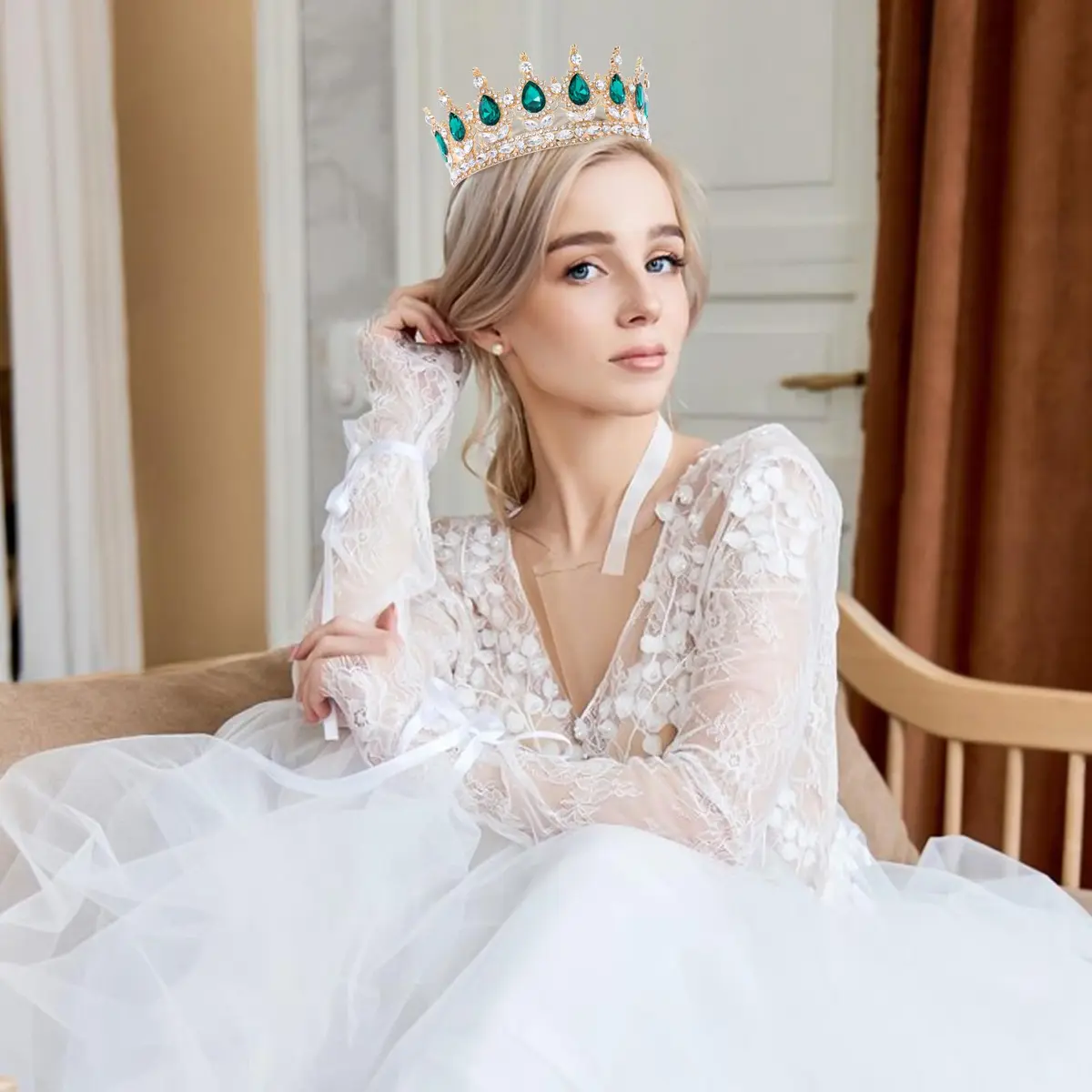 Feltent Green Crystal Queen Crown Princess Tiara for Women | 11.8 cm (4.72 inches) Diameter - view 5