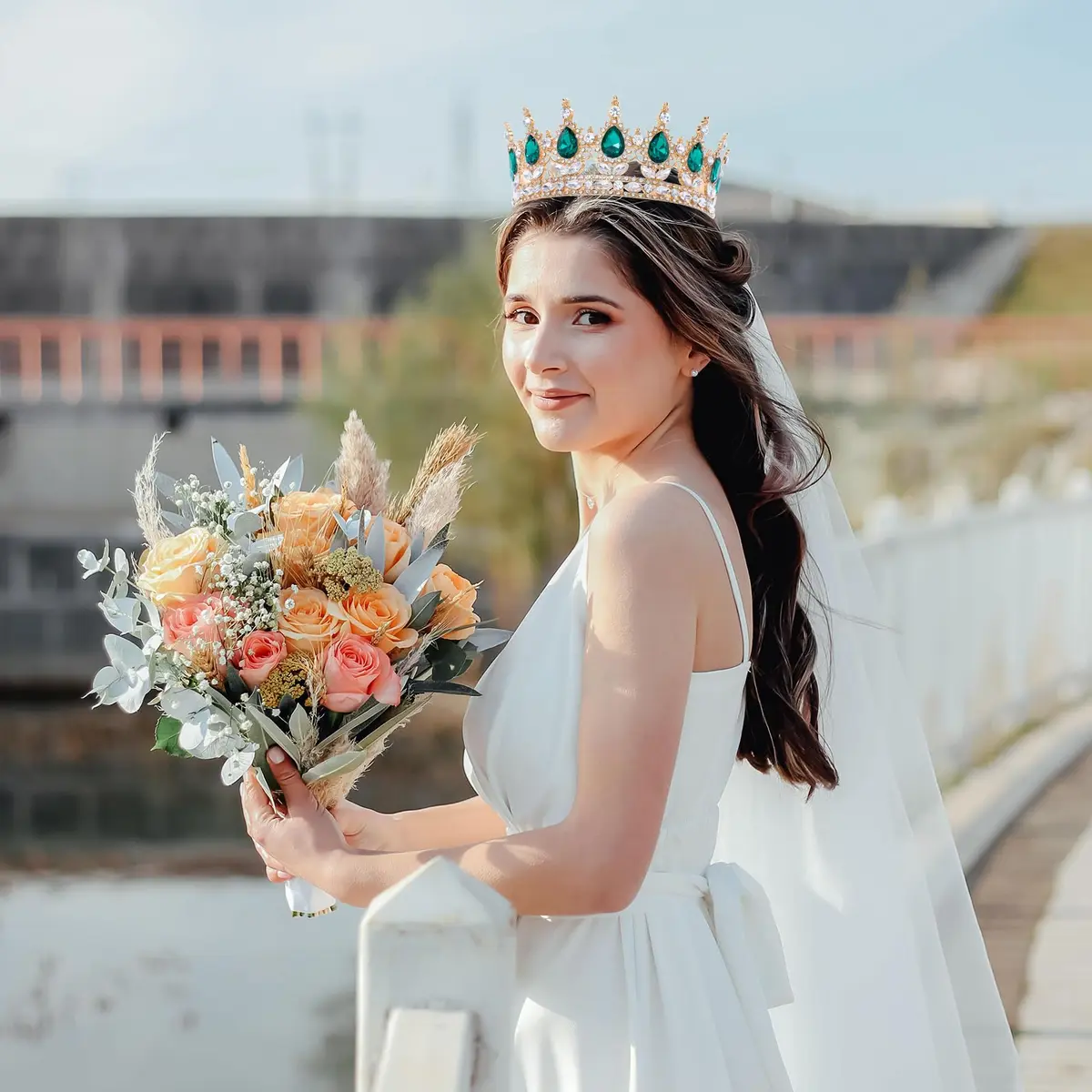Feltent Green Crystal Queen Crown Princess Tiara for Women | 11.8 cm (4.72 inches) Diameter - view 7