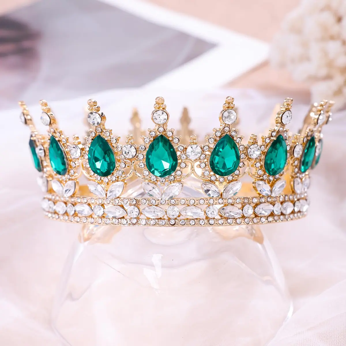 Feltent Green Crystal Queen Crown Princess Tiara for Women | 11.8 cm (4.72 inches) Diameter - view 3