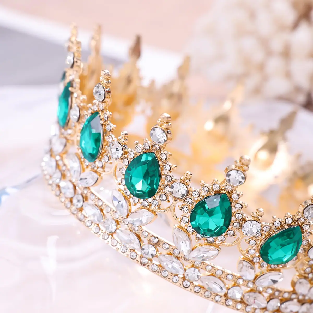Feltent Green Crystal Queen Crown Princess Tiara for Women | 11.8 cm (4.72 inches) Diameter - view 4
