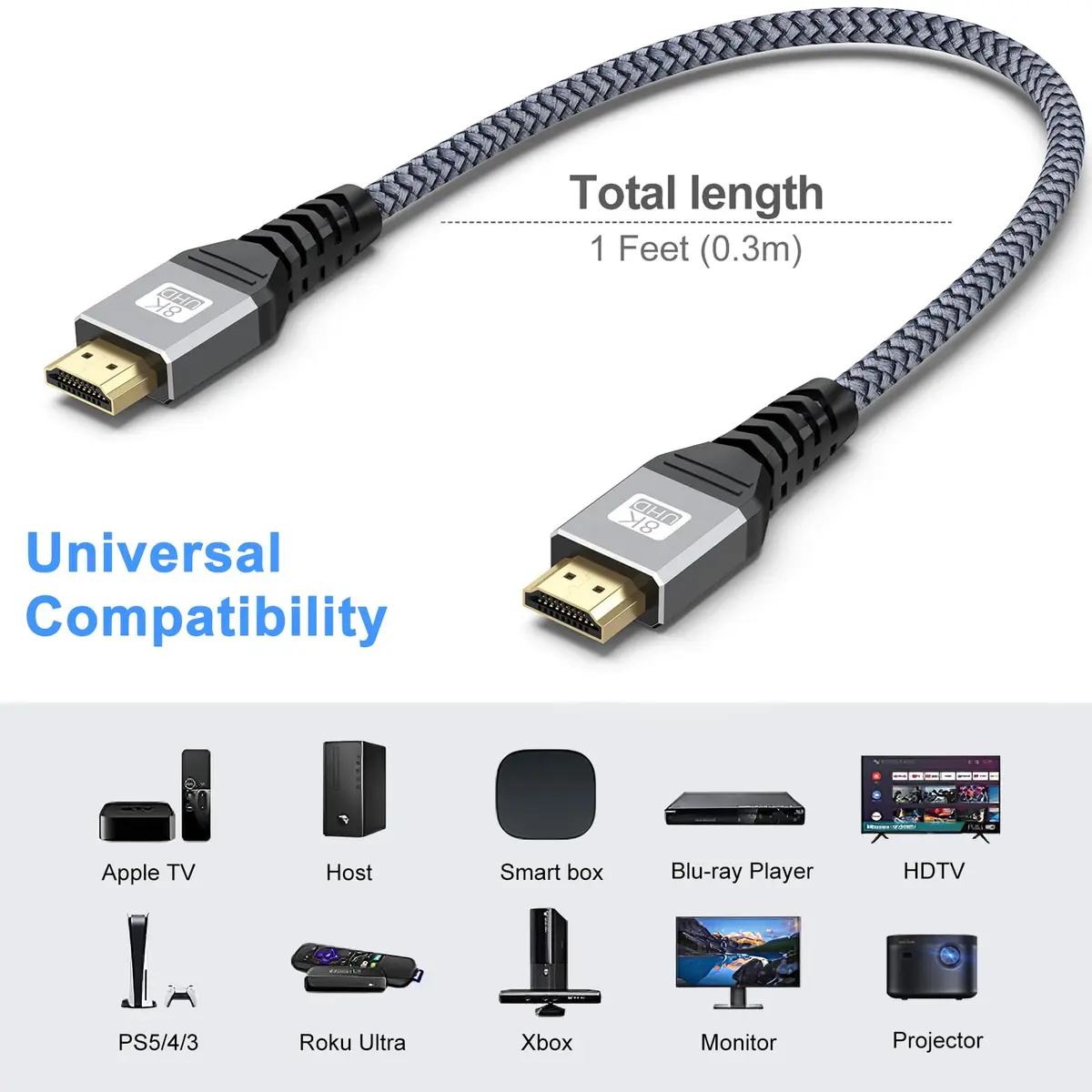 UVOOI HDMI 2.1 Cable 1FT | 8K/10K Support, 48Gbps, Nylon Braided, Gold-Plated Connectors - view 5