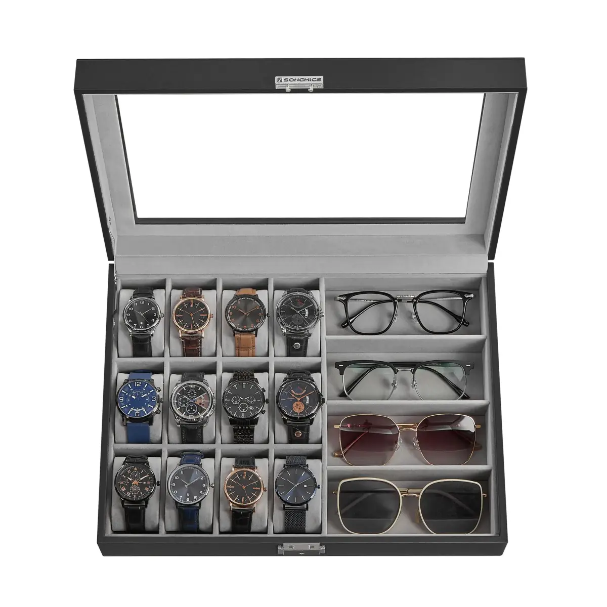 SONGMICS 16-Slot Watch and Sunglasses Box with Glass Lid, 29 x 39 x 8 cm | Protects Timepieces & Accessories - main product image