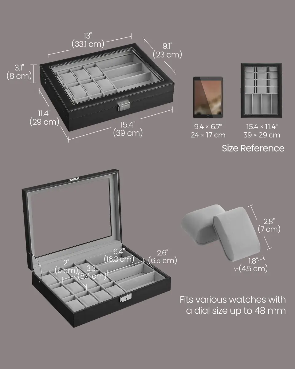 SONGMICS 16-Slot Watch and Sunglasses Box with Glass Lid, 29 x 39 x 8 cm | Protects Timepieces & Accessories - view 5