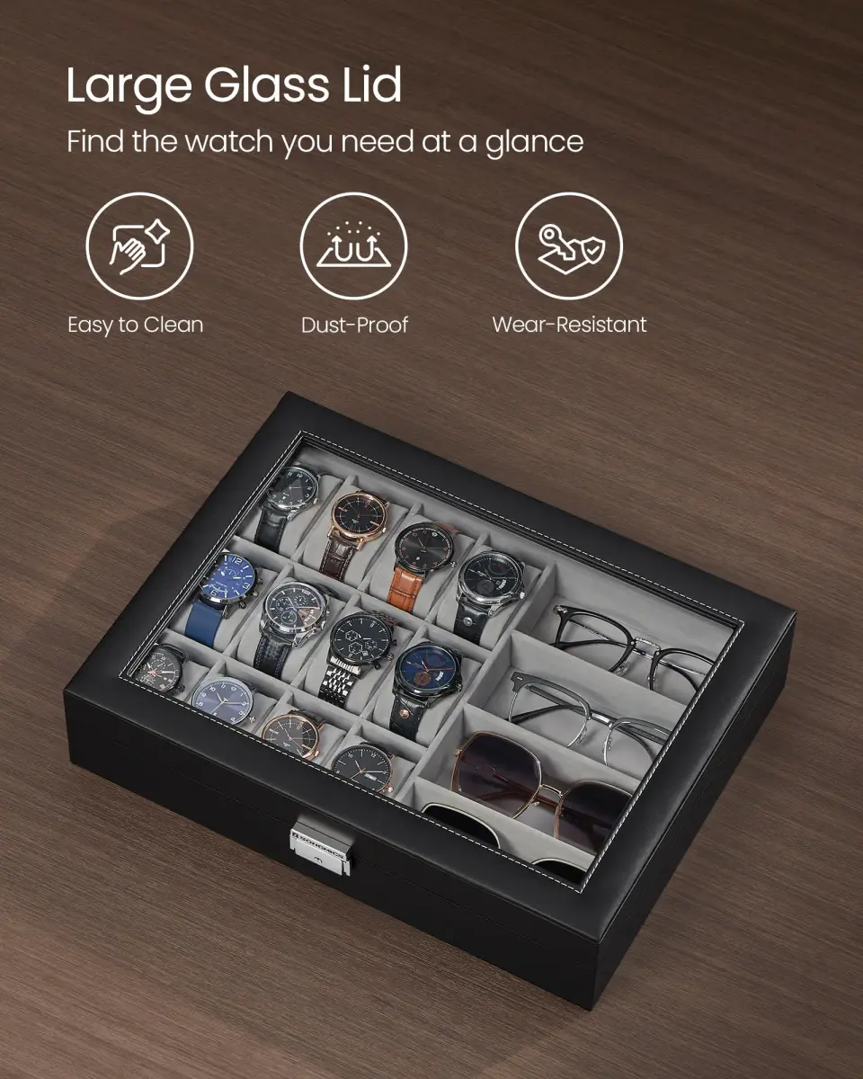 SONGMICS 16-Slot Watch and Sunglasses Box with Glass Lid, 29 x 39 x 8 cm | Protects Timepieces & Accessories - view 6