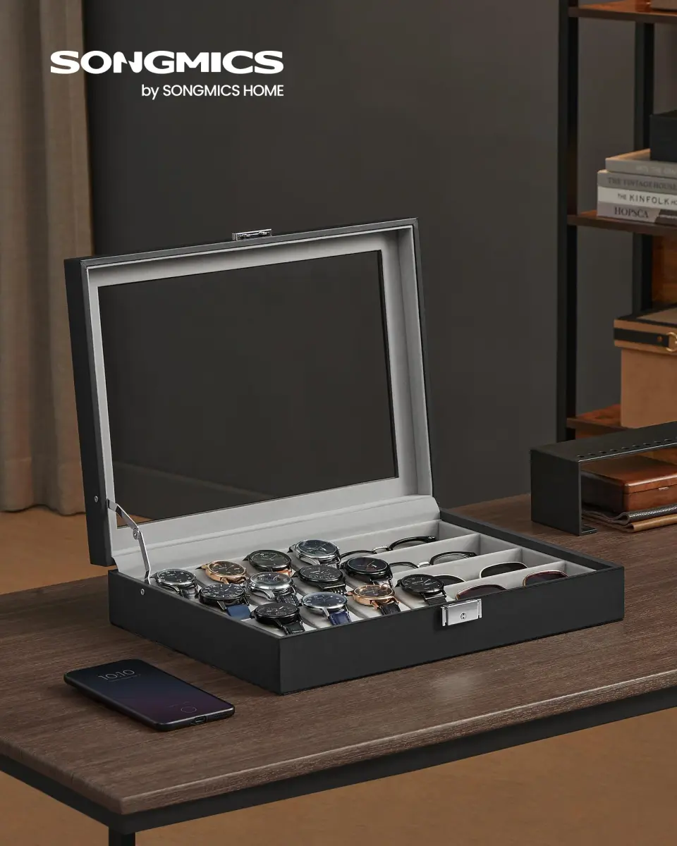 SONGMICS 16-Slot Watch and Sunglasses Box with Glass Lid, 29 x 39 x 8 cm | Protects Timepieces & Accessories - view 2