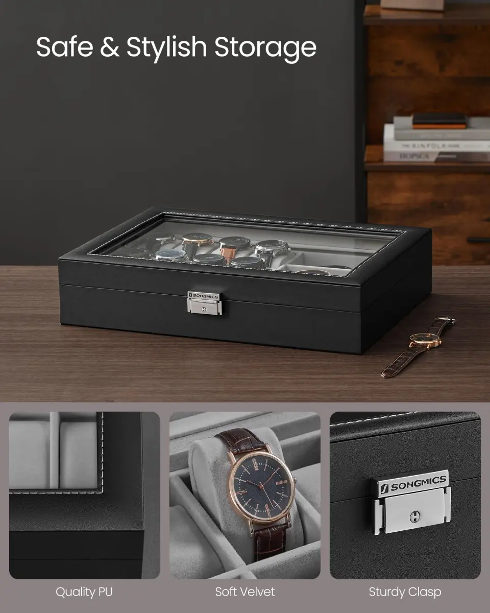 SONGMICS 16-Slot Watch and Sunglasses Box with Glass Lid, 29 x 39 x 8 cm | Protects Timepieces & Accessories - view 4