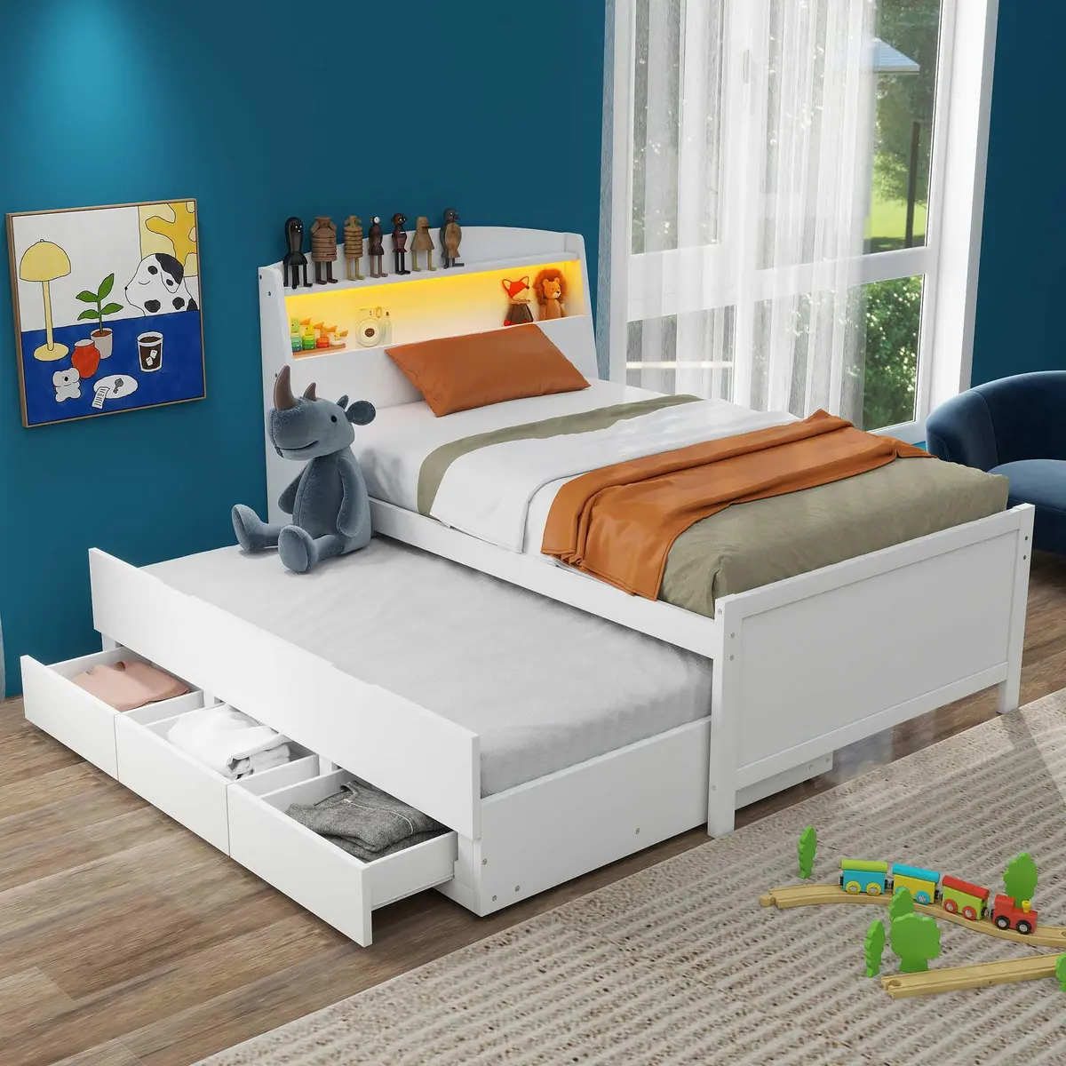 Brisca Twin Size Bed Frame with Storage LED Headboard & Trundle | Solid Wood, White - main product image