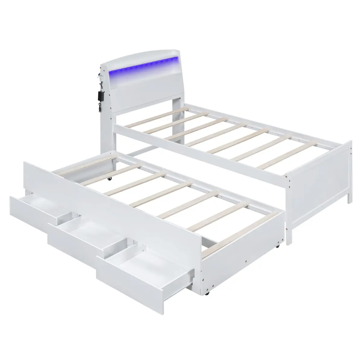 Brisca Twin Size Bed Frame with Storage LED Headboard & Trundle | Solid Wood, White - view 5