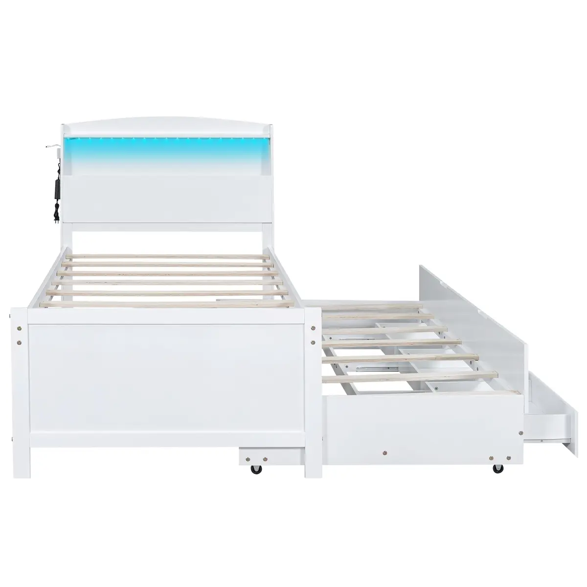 Brisca Twin Size Bed Frame with Storage LED Headboard & Trundle | Solid Wood, White - view 6