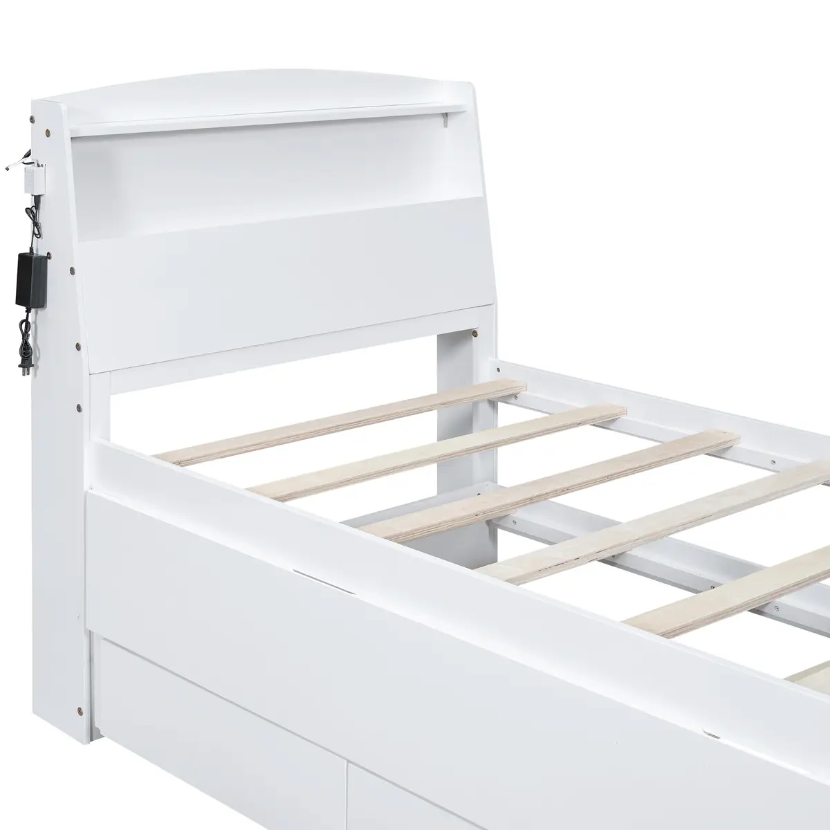 Brisca Twin Size Bed Frame with Storage LED Headboard & Trundle | Solid Wood, White - view 8