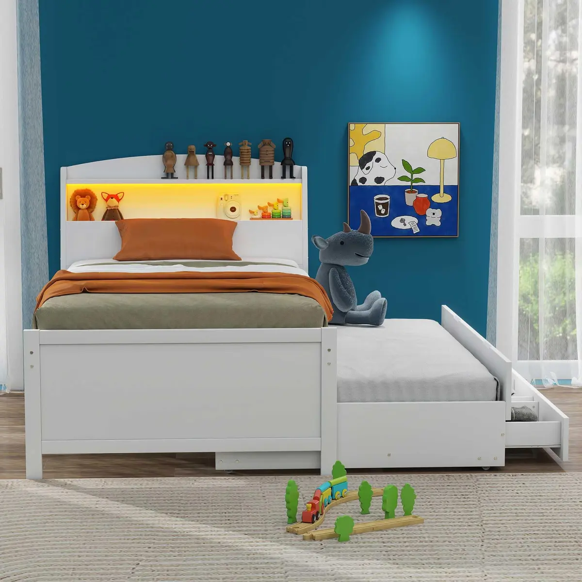 Brisca Twin Size Bed Frame with Storage LED Headboard & Trundle | Solid Wood, White - view 2