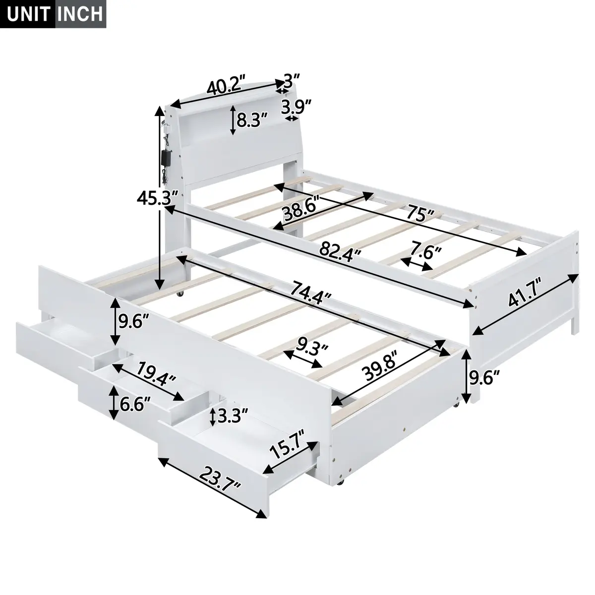 Brisca Twin Size Bed Frame with Storage LED Headboard & Trundle | Solid Wood, White - view 3