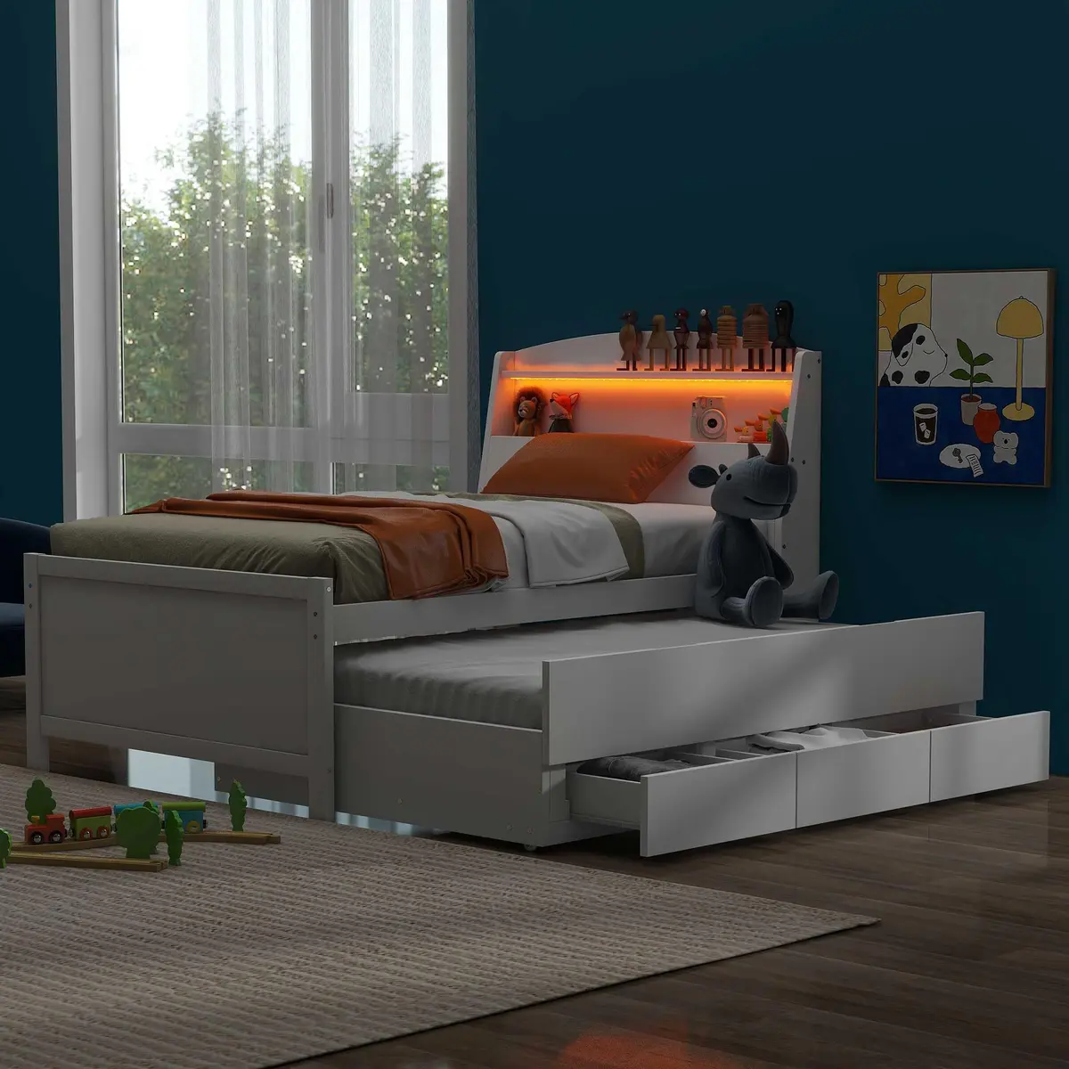 Brisca Twin Size Bed Frame with Storage LED Headboard & Trundle | Solid Wood, White - view 4