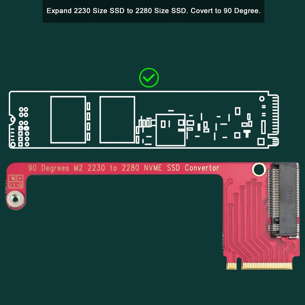 LinksTek ASC-3080 NVME SSD Convertor for ROG Ally Gaming Handheld, Expand M2 2230 Type SSD to M2 2280 Type SSD with 90 Degree Conversion - view 2