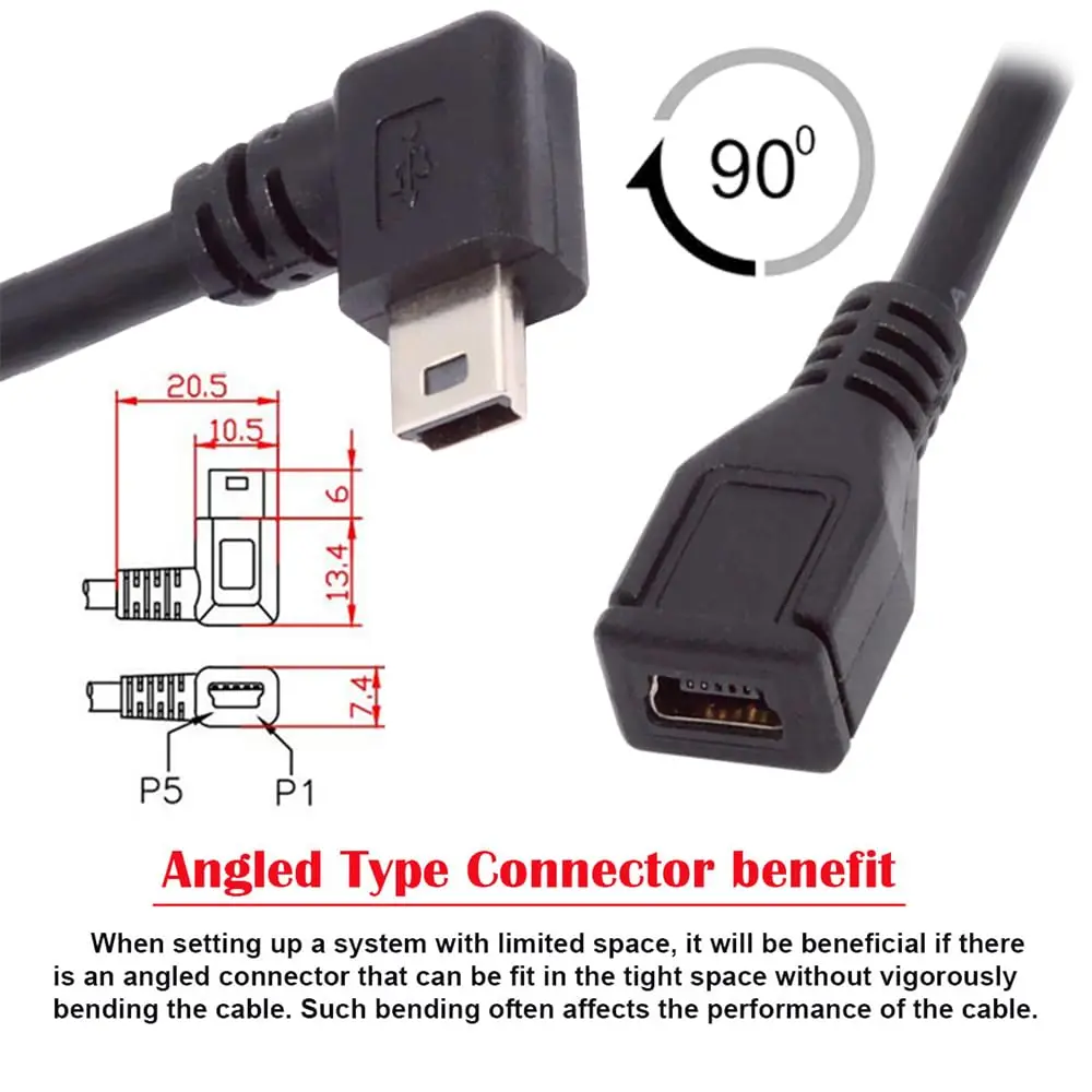 cablecc 90 Degree Right Angled Mini USB 5Pin Male to Female Extension Cable 30cm | High-Speed Data & Compact Design - view 4