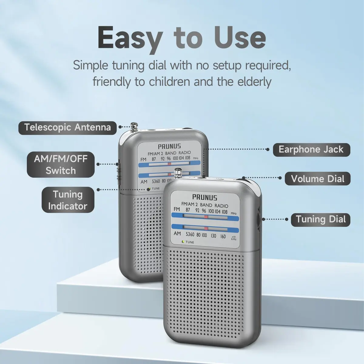 PRUNUS DE333 Pocket AM FM Radio Portable | Excellent Reception, Tuning Knob, AAA Battery Operated - view 3