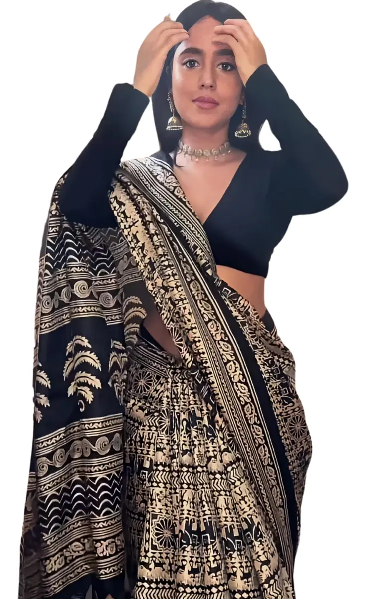 Ethnic Junction Women's Art Silk Kalamkari Print Saree with Blouse Piece, Black & Beige, 5.5m (18 ft) | Traditional Indian Wear - main product image