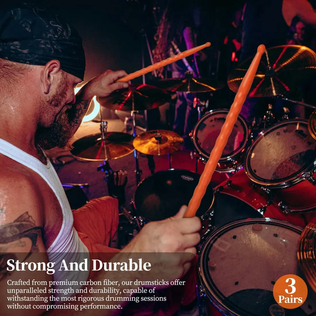 ARLX 5A Carbon Fiber Drum Sticks 3 Pair Orange | Durable & Patented Wave-Design - view 5
