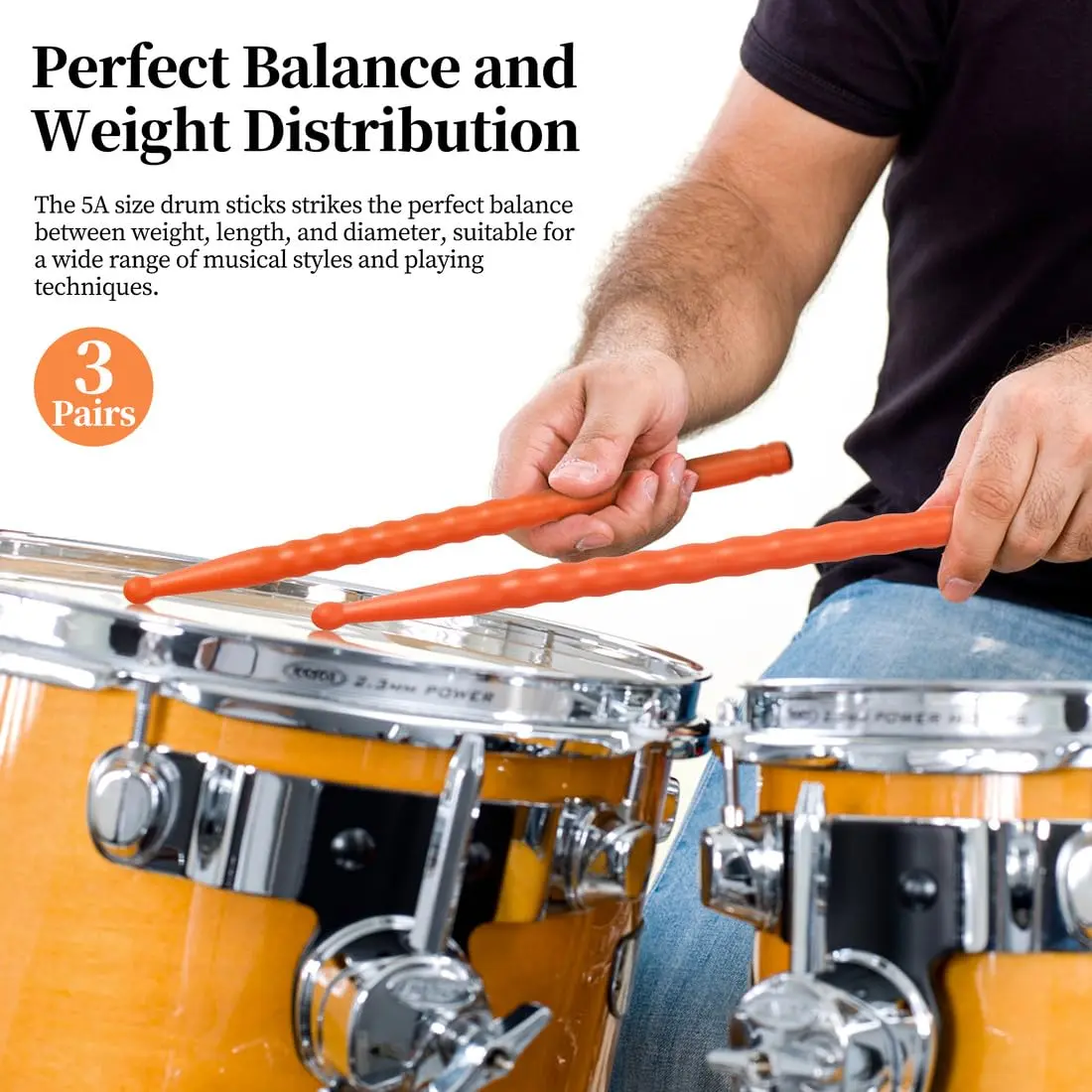 ARLX 5A Carbon Fiber Drum Sticks 3 Pair Orange | Durable & Patented Wave-Design - view 2