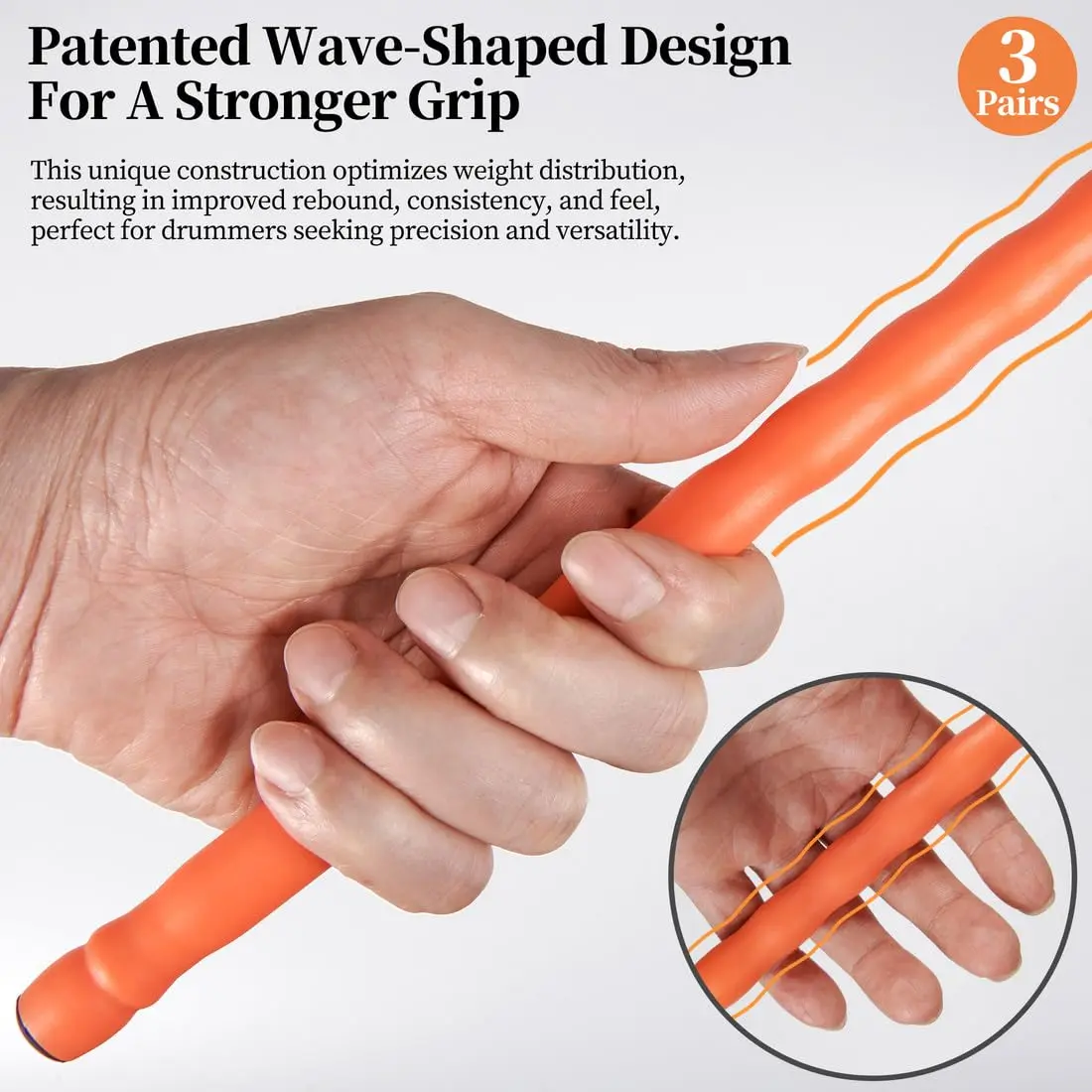 ARLX 5A Carbon Fiber Drum Sticks 3 Pair Orange | Durable & Patented Wave-Design - view 3