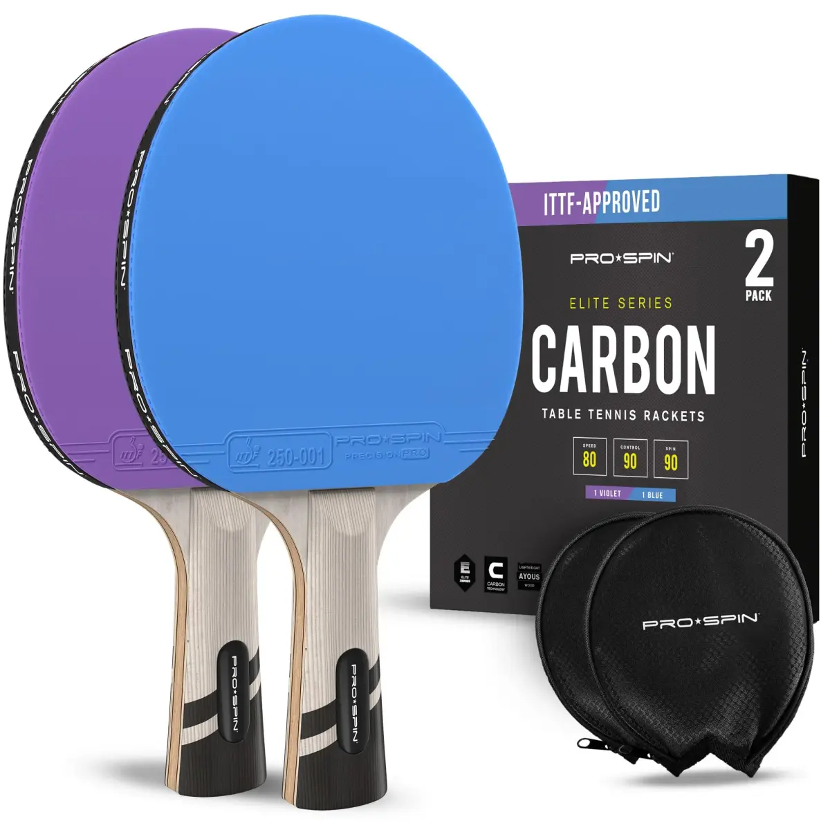 PRO-SPIN Carbon Fiber Table Tennis Rackets | 7-Ply Blade, 2.0mm Sponge, ITTF Approved Rubber (2-Pack, Blue/Violet) - main product image